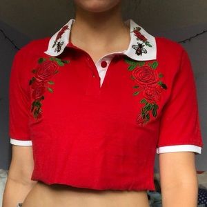 BEAUTIFUL RED EMBROIDERED RED COLLARED RINGER TEE